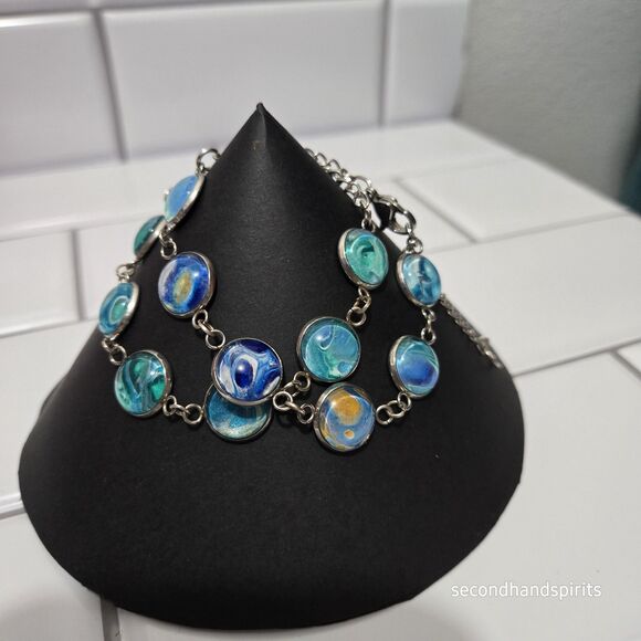 Blue Green Swirled Abstract Marbled Artisan Silver Tone Cabochon Bracelet/Anklet - Picture 4 of 6